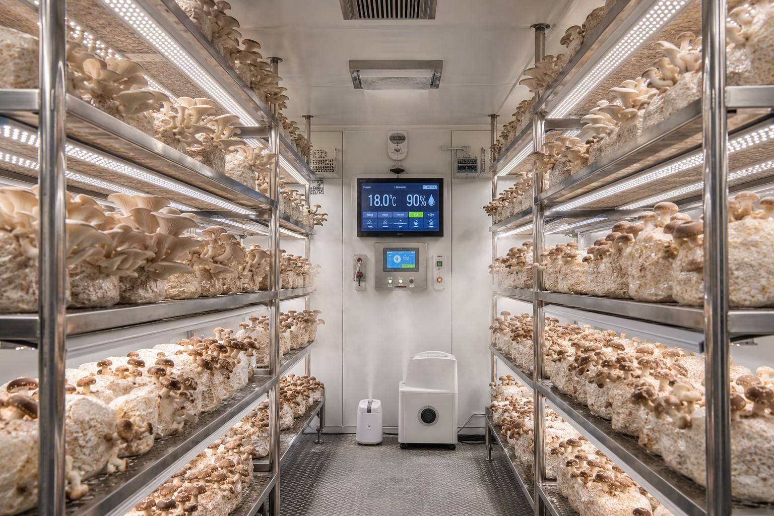 Cultivo inteligente de primavera em armazém de cogumelos com tecnologia de fábrica de plantas